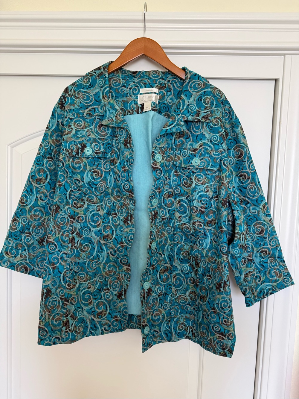 CJ Banks Turquoise Swirl Stretch Button-Front Jacket